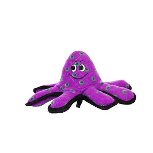 Purple octopus plush dog toy with durable design, soft fabric, and multiple legs for interactive pet play.