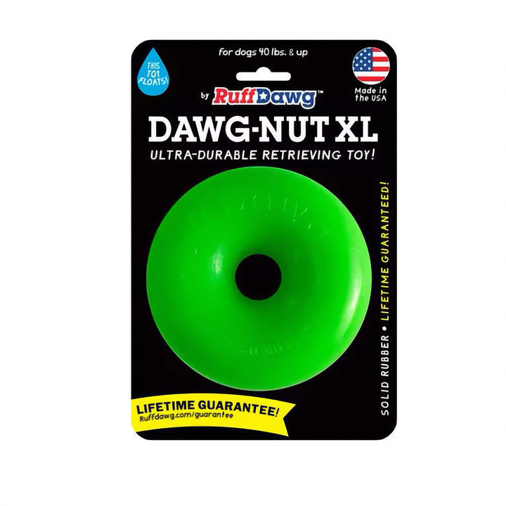 A bright green Ruff-Dawg DAWG-NUT XL dog toy in its original black blister packaging with white and yellow text.
