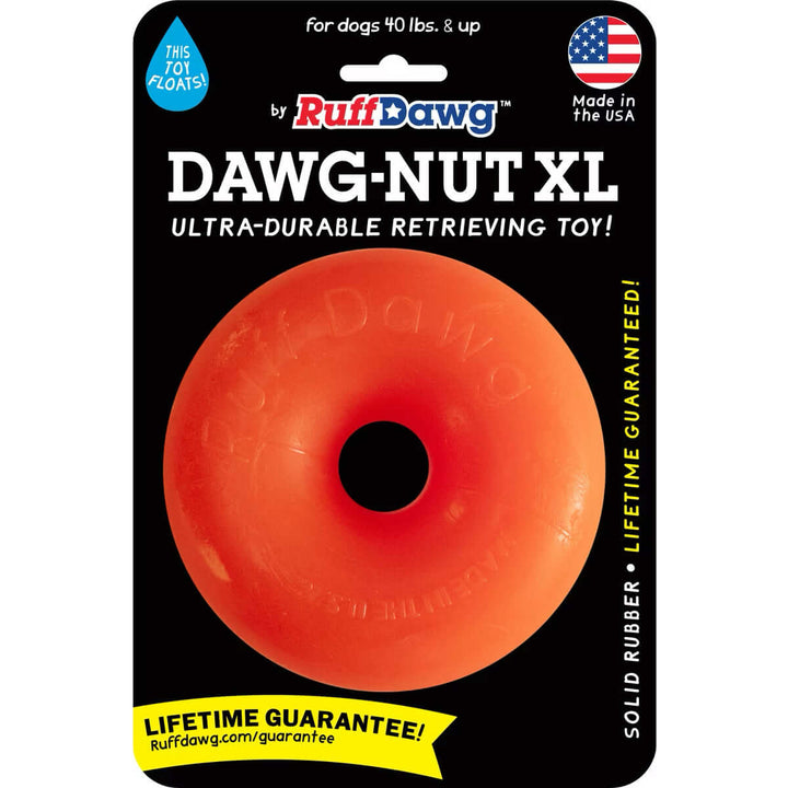 RuffDawg DAWG-NUT XL dog toy in bright orange-red, packaged on a black backing card with white and yellow text and a small American flag icon.