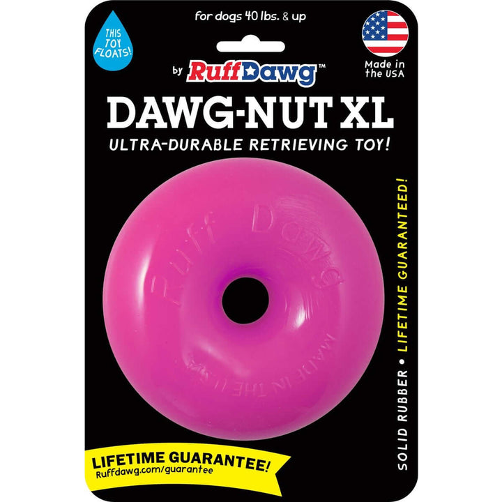 A pink RuffDawg DAWG-NUT XL dog toy on its original black retail blister card packaging, featuring product branding and specifications.
