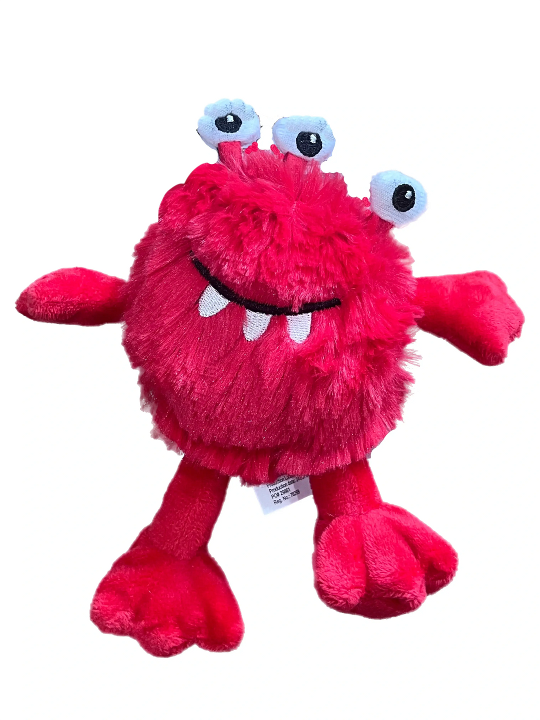 Red plush toy with googly eyes on a white background