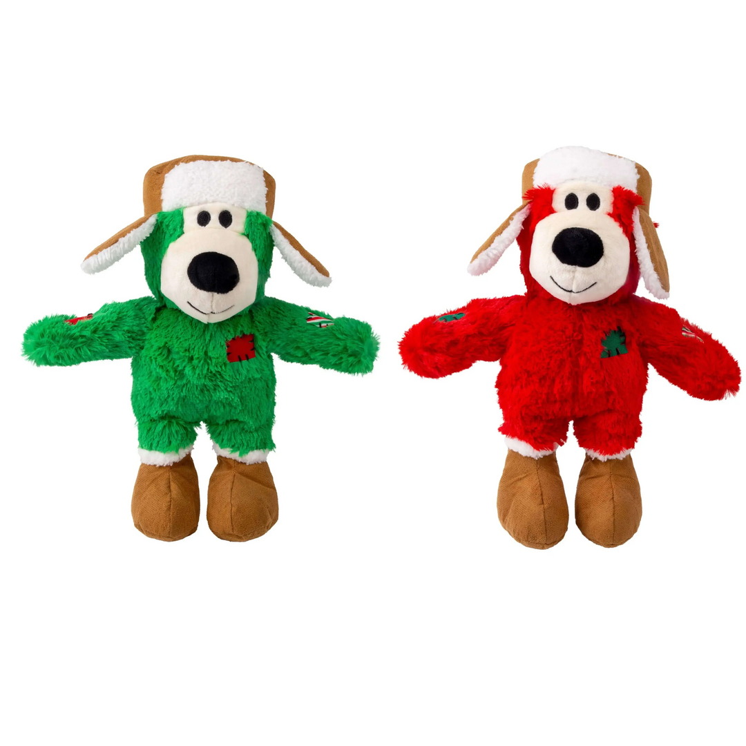 Two plush toys, one green and one red, on a white background