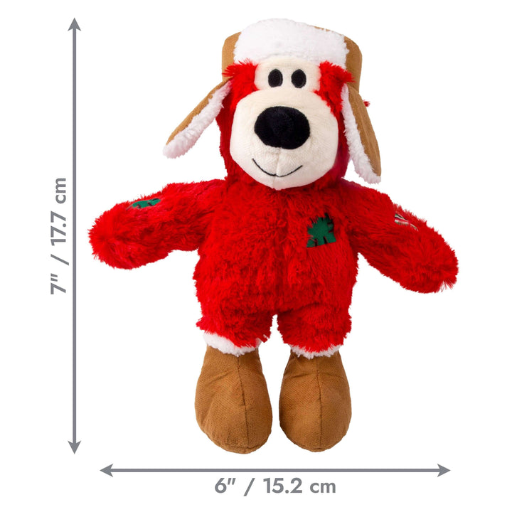 Red plush dog toy with measurements on a white background