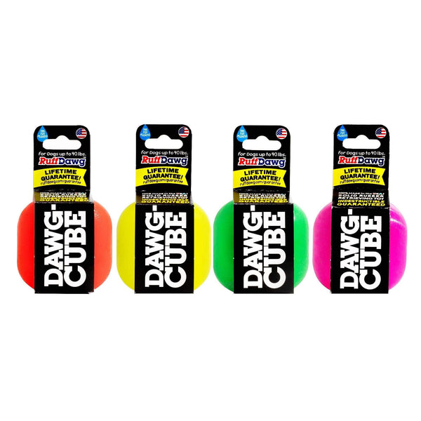 Four packages of Dawg Cube dog toys with colorful packaging on a white background