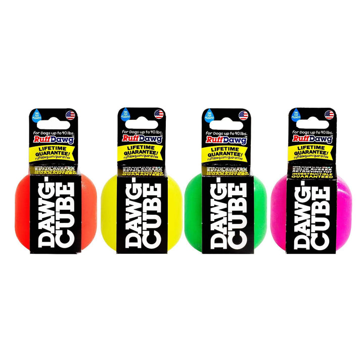Four packages of Dawg Cube dog toys with colorful packaging on a white background