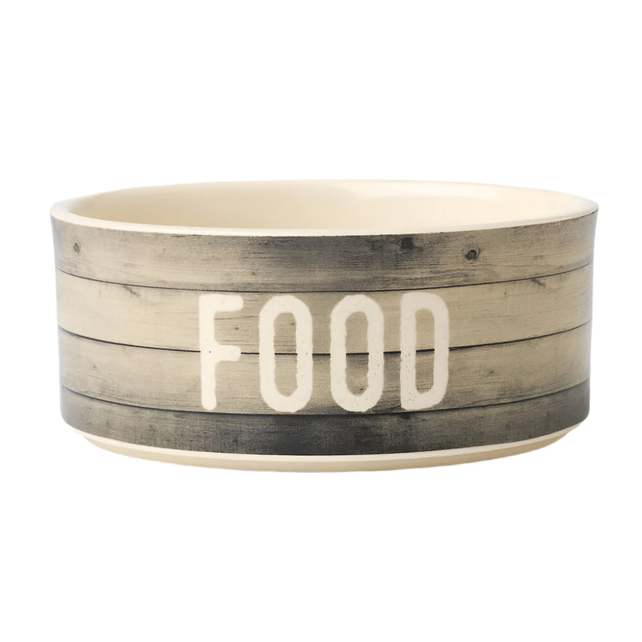 A beige stoneware bowl with a rustic wood plank pattern and the word 'FOOD' in bold black letters in the center.