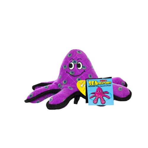 Sea Creatures plush purple octopus dog toy with smiling face, durable for interactive play, tugging, and floating fun.