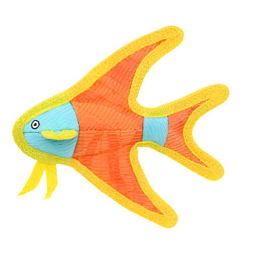 Side profile of plush fish dog toy showing layered construction and minimal stuffing, perfect for dogs who love fetch.