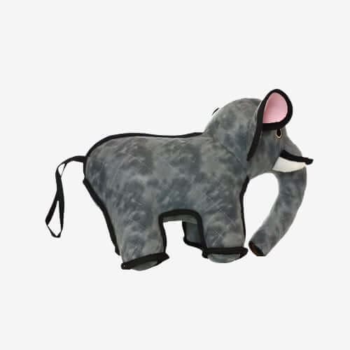 Side view of a plush gray elephant dog toy with black trim, pink inner ears, and a curled trunk, made for durable pet play.