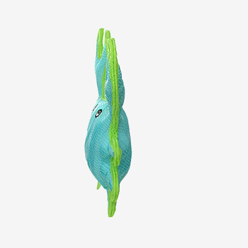 Side profile view of the blue crab-shaped dog toy showing flat, reinforced construction.