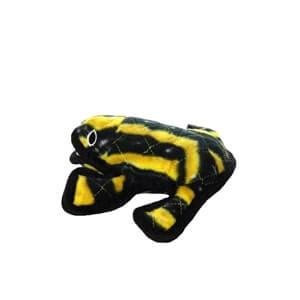 Side profile of Tuffy Desert frog dog toy in black and yellow with durable quilted seams