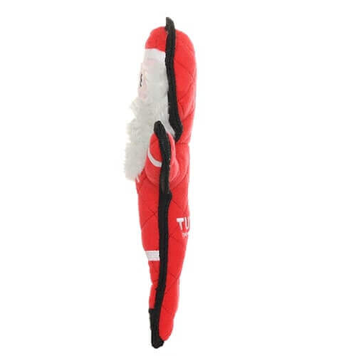 Side profile of the Tuffy Santa-shaped dog toy showing its slim, reinforced design with quilted fabric and fluffy beard, built for durability and playtime fun.