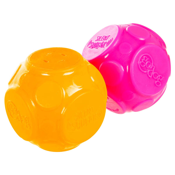 Bright pink and orange GoDog Silent Squeak balls for dogs, textured for grip and made from durable rubber – ideal for quiet indoor fetch sessions.