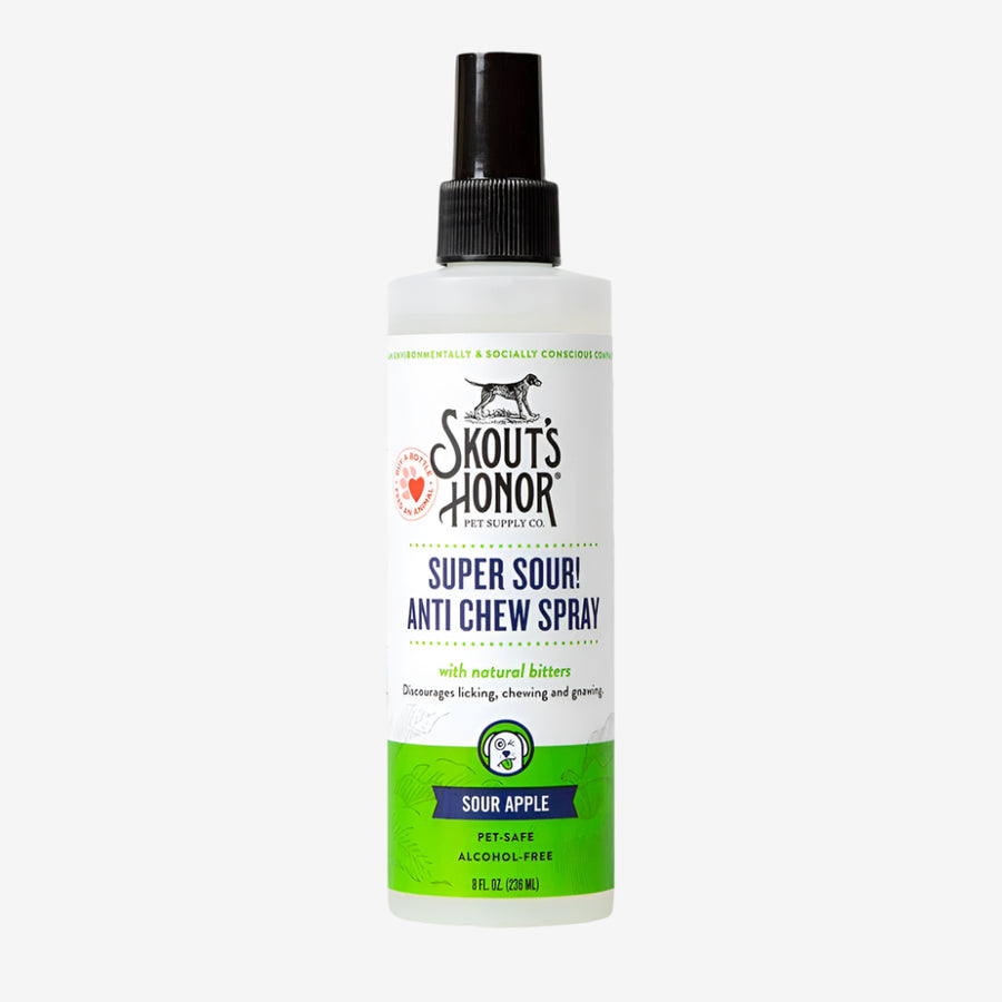 Skout’s Honor Super Sour! Anti Chew Spray bottle in sour apple scent, alcohol-free pet-safe formula with natural bitters.