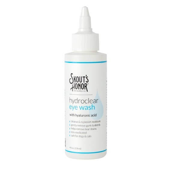 Skout’s Honor Hydroclear Eye Wash bottle with hyaluronic acid, non-medicated eye cleaner for dogs and cats.