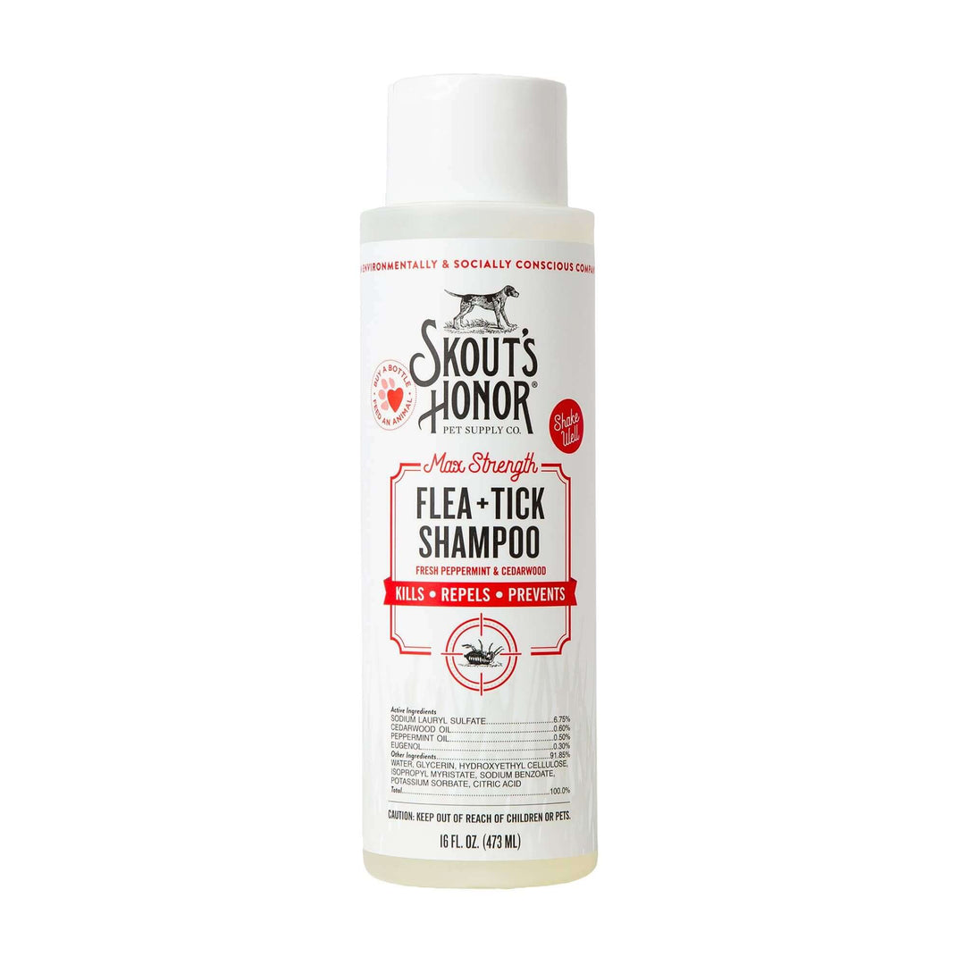 Skout's Honor flea and tick shampoo bottle on a white background