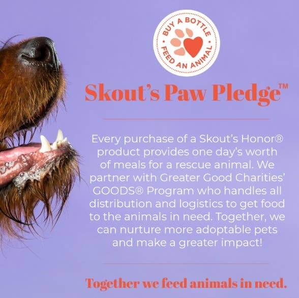 Skout’s Paw Pledge graphic showing their commitment to feeding rescue animals with every product purchase.