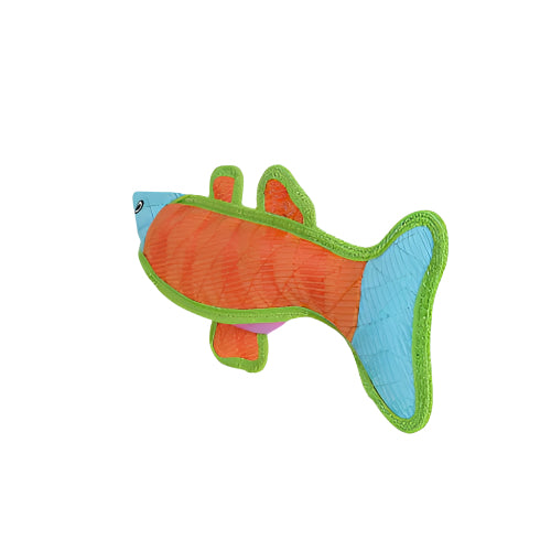 Compact fish-shaped chew toy for dogs, stitched in vibrant orange, blue, green, and purple fabric