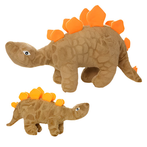 Two sizes of brown plush dinosaur dog toys with bright orange spikes, side-by-side for size comparison.