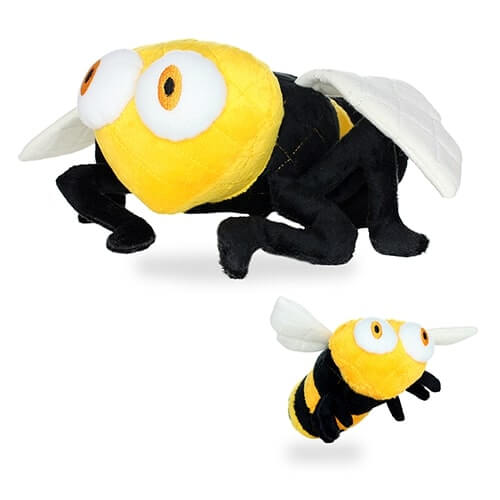 Two plush bee dog toys in different sizes, showcasing large and small variants with bold black-and-yellow design and floppy wings.