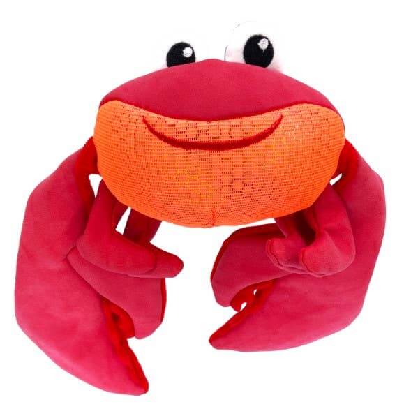 Bright red KONG Shakers Crabby plush dog toy with oversized claws, smiling face, and soft squeaky body for gentle play.