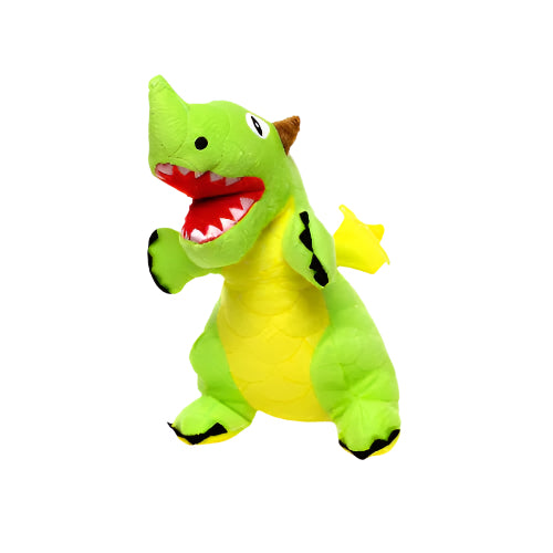 Green dragon plush dog toy with yellow belly, brown horns, and open red mouth, shown on white background.