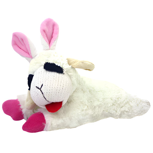 Plush white dog toy shaped like a lamb with pink ears and hooves, soft texture and embroidered face, ideal for gentle chewers.
