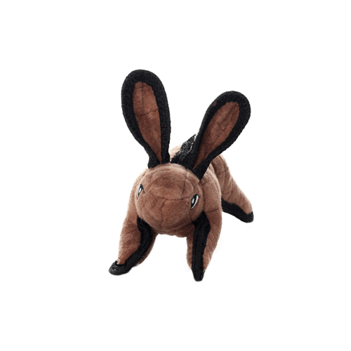 Brown plush rabbit dog toy with oversized black-outlined ears, soft fabric ideal for gentle chewers.
