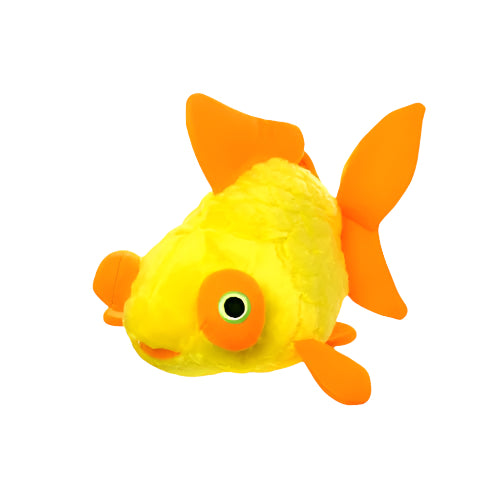 Single plush goldfish dog toy in yellow with bright orange fins, soft and squeaky for dogs.