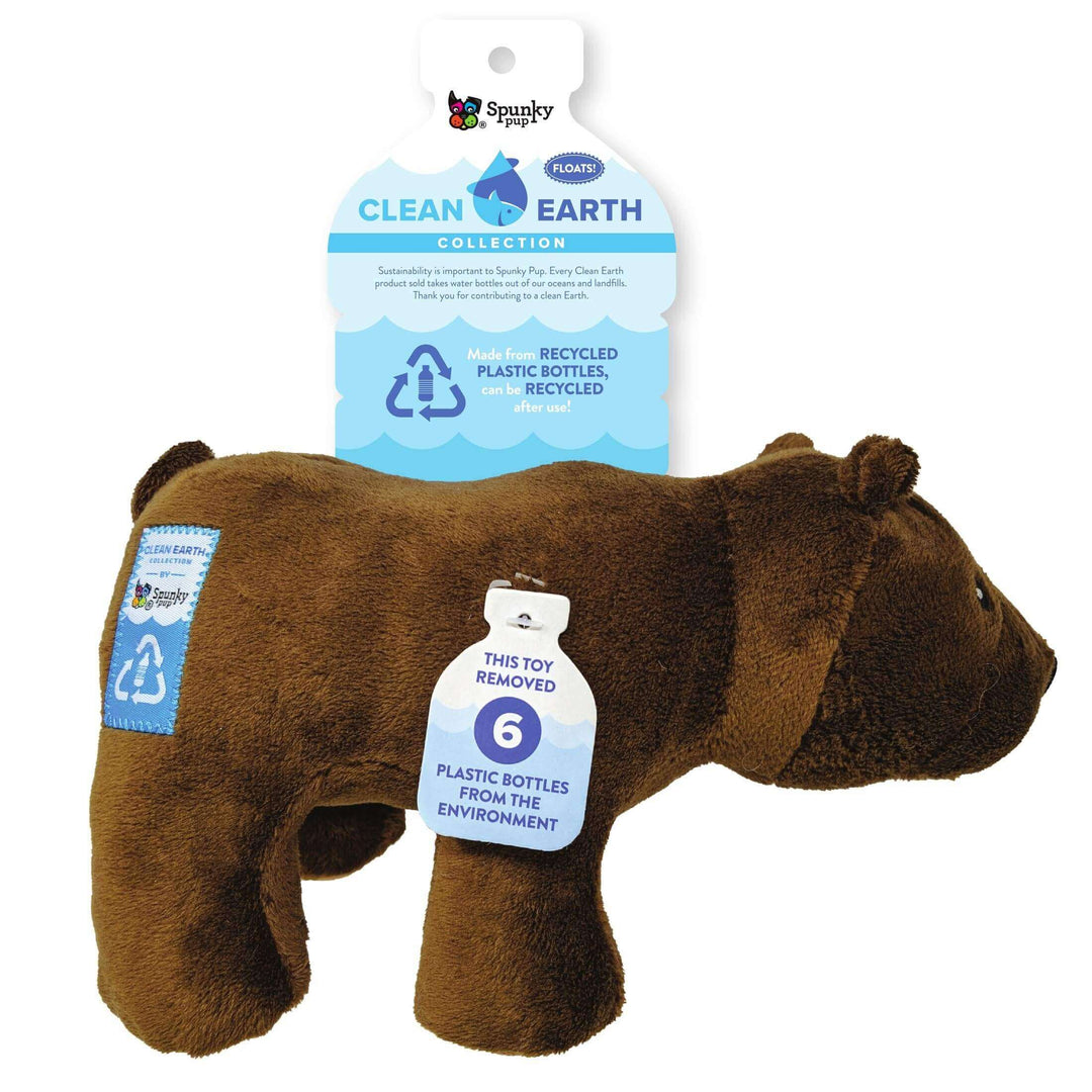Spunky Pup Clean Earth bear dog toy, made from 6 recycled plastic bottles, eco-friendly, floats, and promotes sustainable pet play.