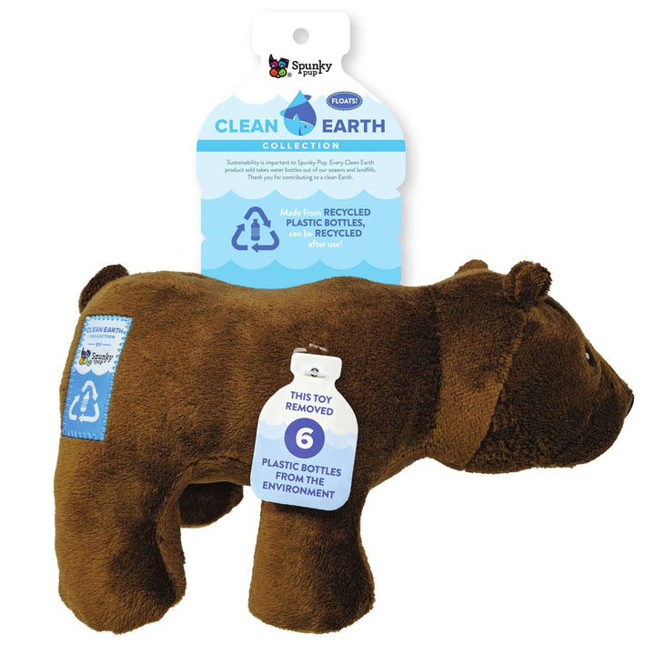Spunky Pup Clean Earth bear dog toy, made from 6 recycled plastic bottles, eco-friendly, floats, and promotes sustainable pet play.