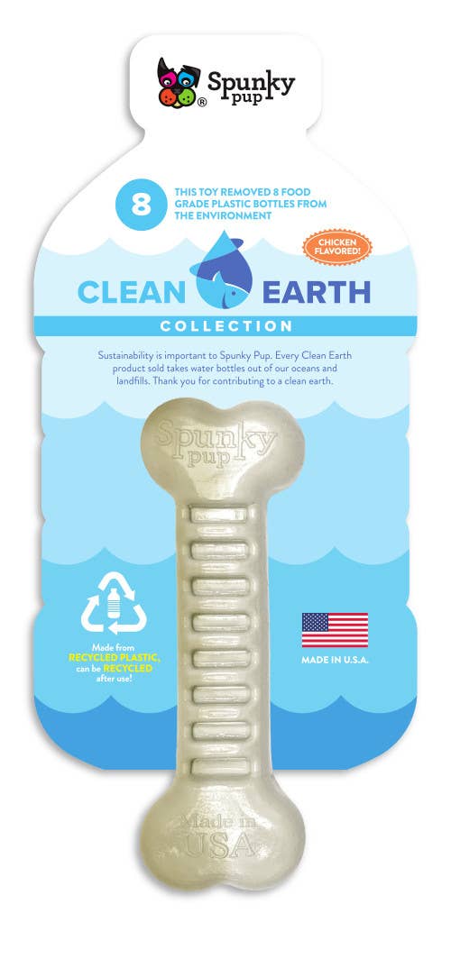 Spunky Pup Clean Earth bone chew toy, chicken flavored, made from 8 recycled food-grade plastic bottles, durable, and eco-friendly.