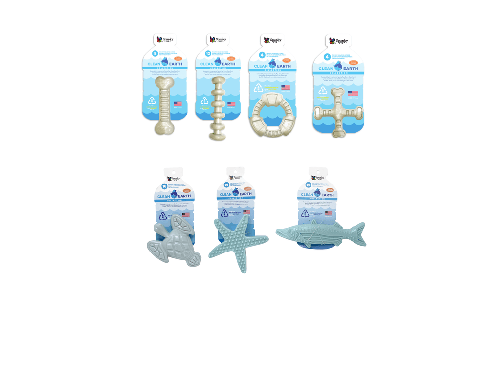 Spunky Pup Clean Earth chew toy collection featuring bone, ring, dumbbell, cross, turtle, starfish, and fish designs made from recycled plastic.