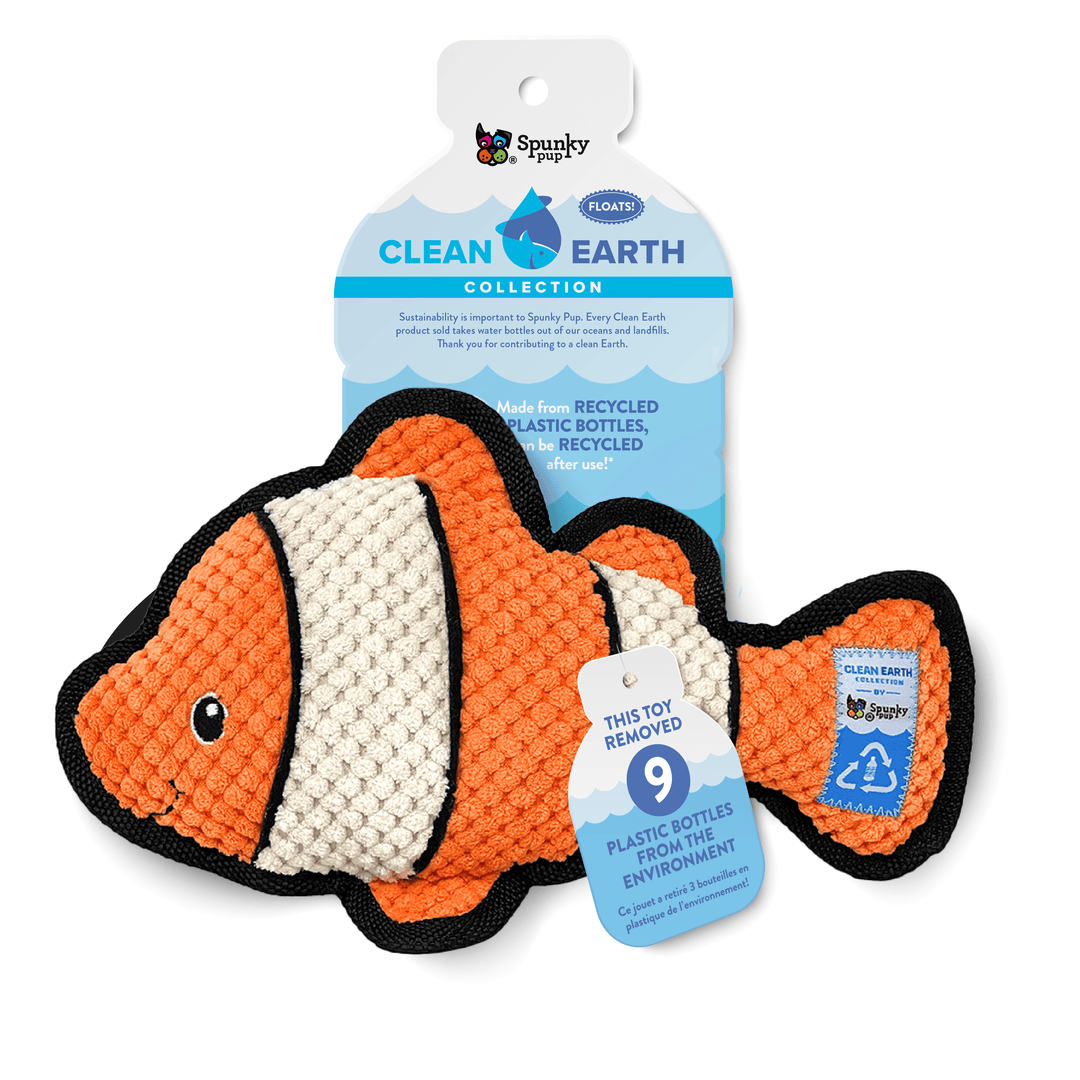 Spunky Pup Clean Earth Collection clownfish dog toy, crafted from recycled plastic bottles, eco-friendly, floats, and sustainable.