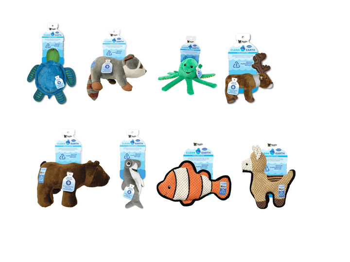 Spunky Pup Clean Earth Collection featuring eco-friendly dog toys: turtle, raccoon, octopus, moose, bear, shark, clownfish, and llama, all made from recycled plastic bottles.