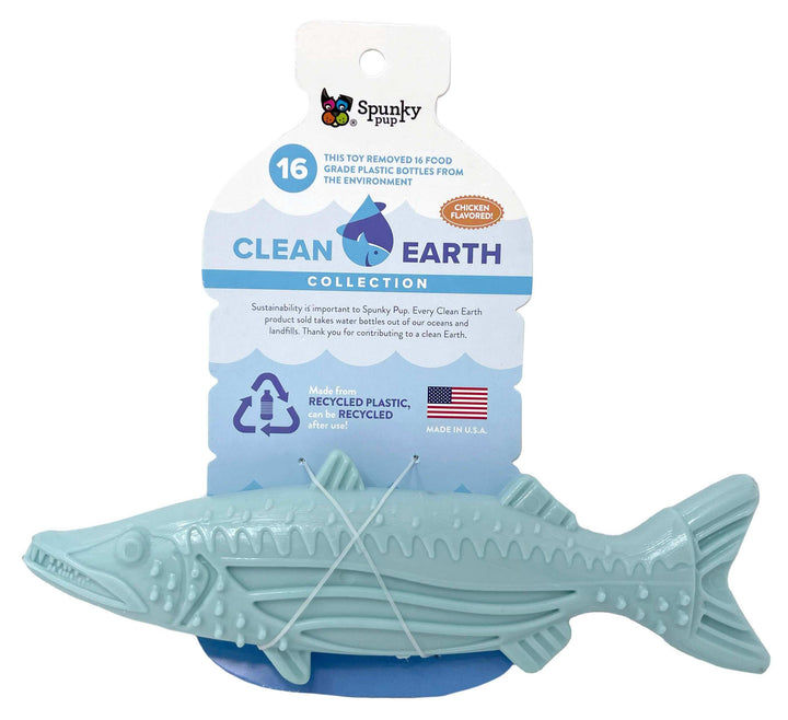 Spunky Pup Clean Earth fish chew toy, chicken flavored, made from 16 recycled food-grade plastic bottles, durable, eco-friendly, and fun.