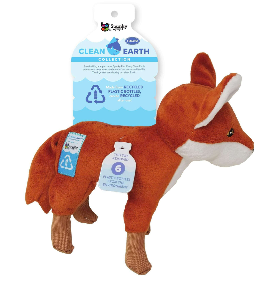 Spunky Pup Clean Earth fox dog toy, crafted from 6 recycled plastic bottles, eco-friendly, floats, and supports sustainable pet play.