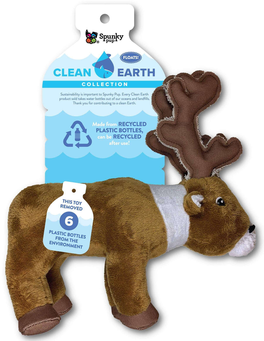 Spunky Pup Clean Earth moose dog toy, eco-friendly and made from 6 recycled plastic bottles, perfect for sustainable and interactive pet play.