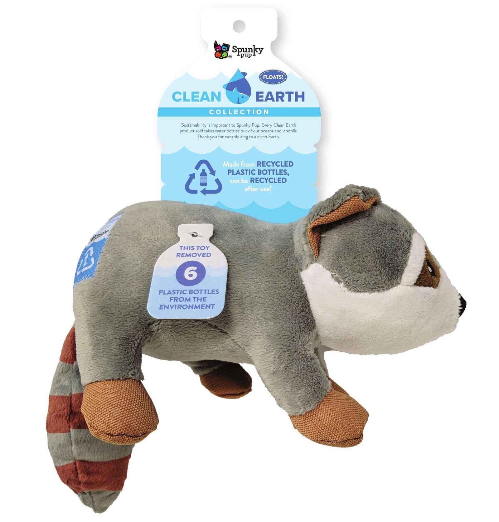 Spunky Pup Clean Earth raccoon dog toy made from recycled plastic bottles, floats, and promotes sustainable and eco-friendly pet play.