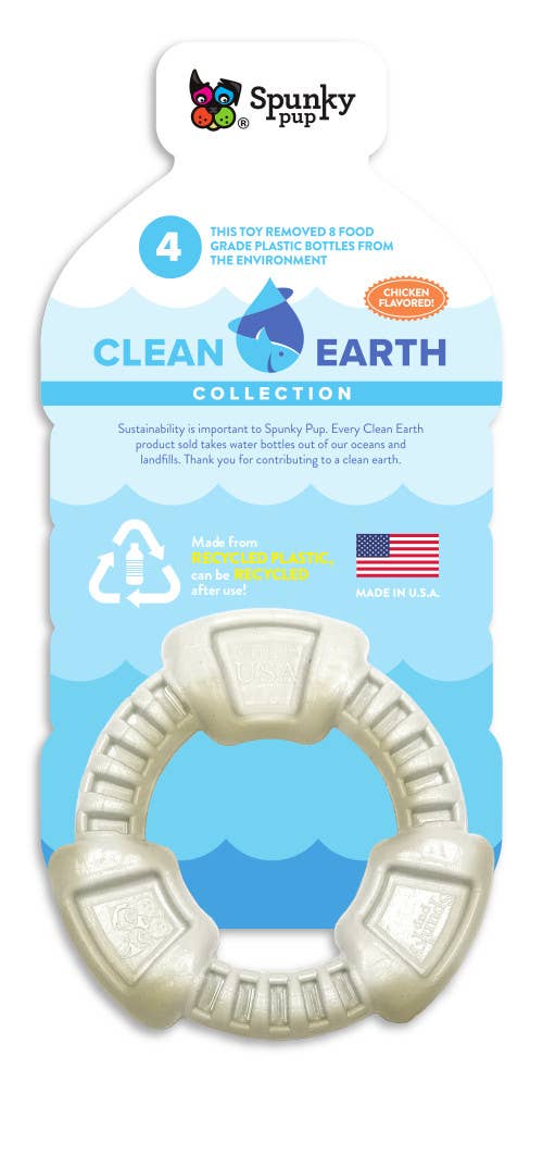 Spunky Pup Clean Earth ring chew toy, chicken flavored and made from 4 recycled food-grade plastic bottles, durable and eco-friendly design.