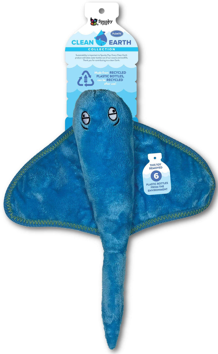 Spunky Pup Clean Earth stingray dog toy, made from recycled plastic bottles, eco-friendly, floats, and supports sustainable pet care.
