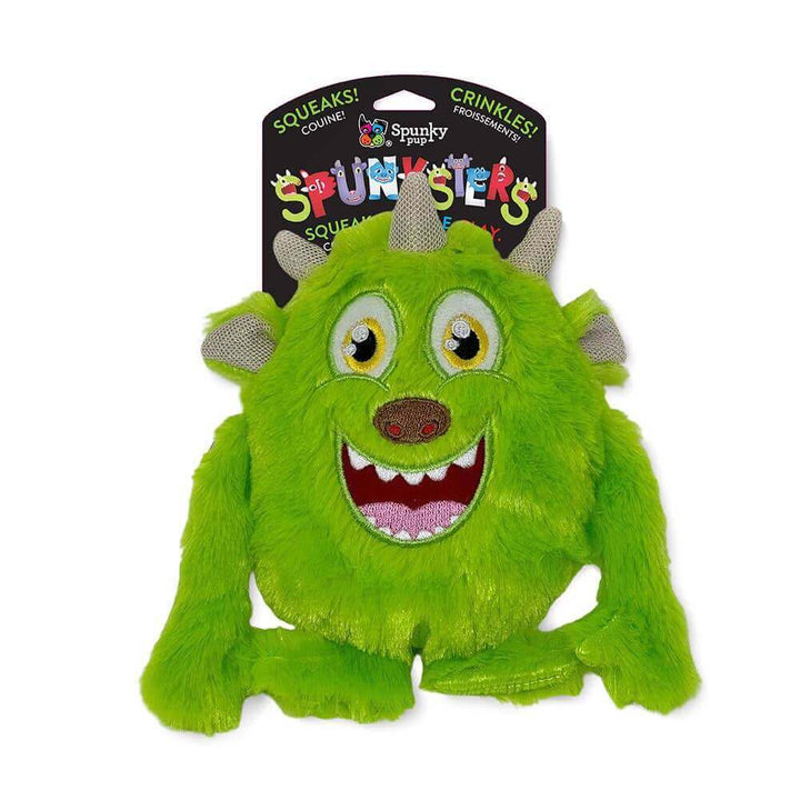 Spunky Pup Spunksters green plush dog toy with squeaks and crinkles, perfect for interactive and playful dogs of all sizes.