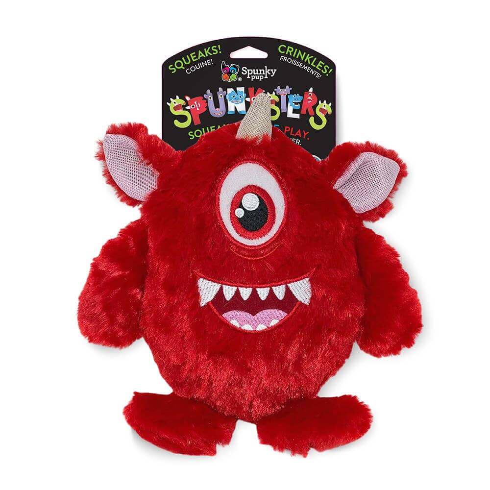 Spunky Pup Spunksters red cyclops plush dog toy with squeaks and crinkles, perfect for engaging and interactive play for all dogs.