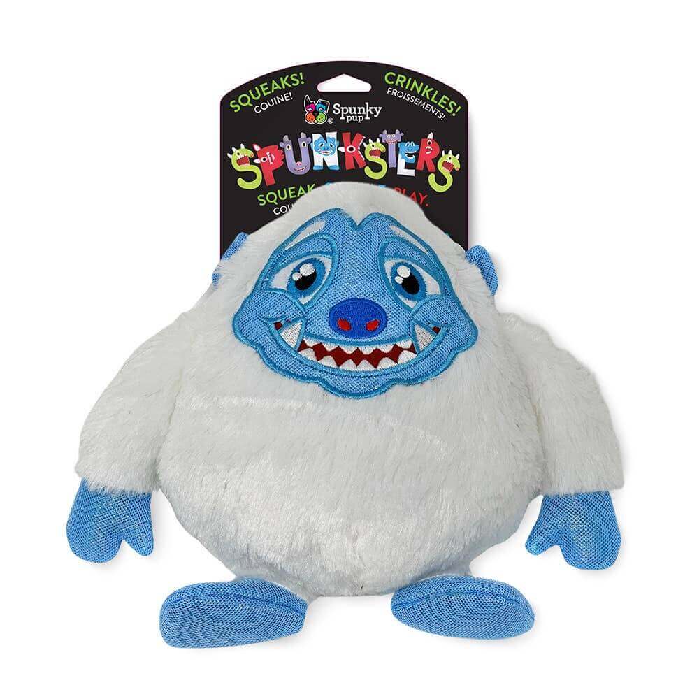Spunky Pup Spunksters yeti plush dog toy in white and blue, featuring squeaks and crinkles for fun and engaging playtime.