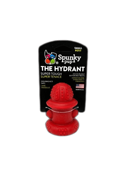 Spunky Pup The Hydrant in small size, a durable, dishwasher-safe dog toy made in the USA, perfect for holding peanut butter and treats.