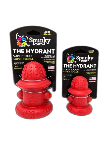 Spunky Pup The Hydrant dog toy in large and small sizes, designed as a durable treat dispenser for chewing and interactive play.