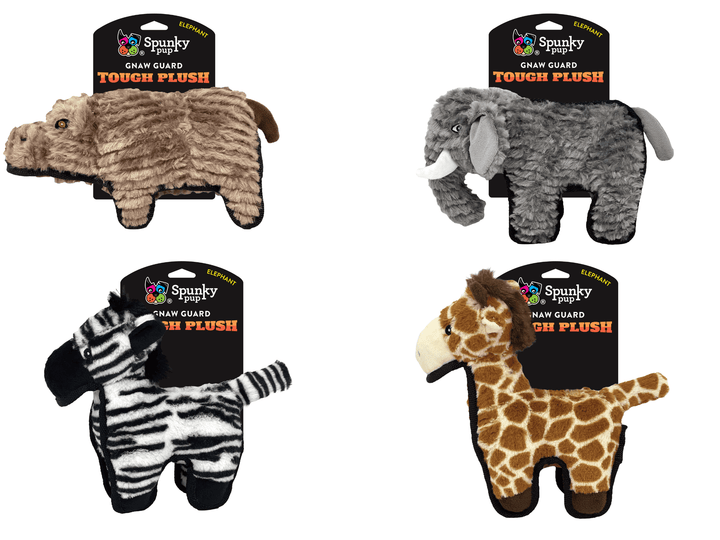 A collection of Spunky Pup Tough Plush dog toys featuring durable safari animal designs: giraffe, elephant, hippo, and zebra with chew guard.