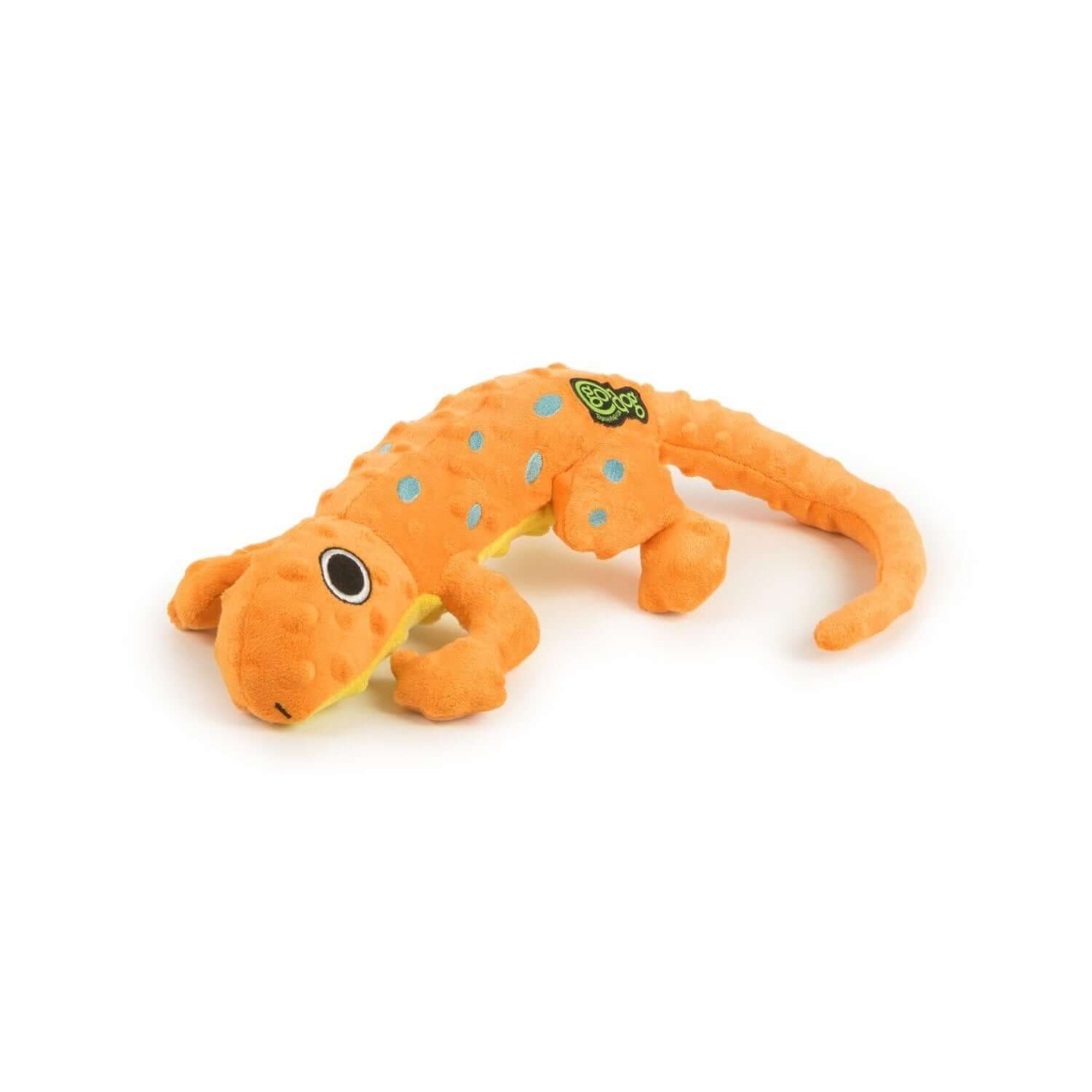 Bright orange plush salamander dog toy with blue spots, soft squeaky chew toy for playful pups