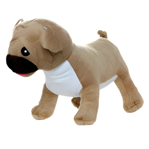 Plush pug dog toy in light brown with black snout and white belly, soft stuffed toy for dogs of all sizes.