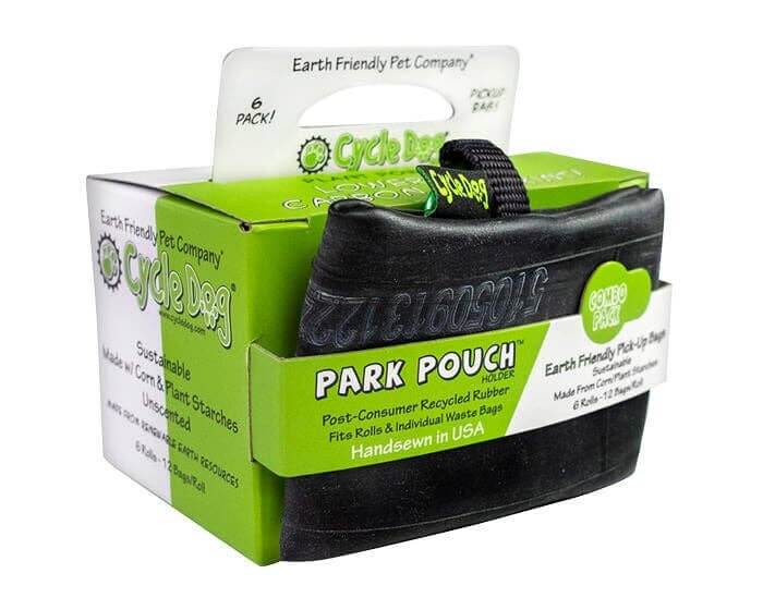 Eco-friendly dog waste bag holder made from recycled rubber, packaged with refill bags by Cycle Dog.